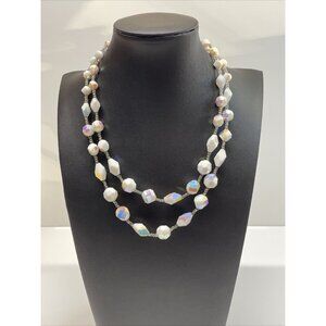 Vendome double strand beaded necklace AB Coating Milk Glass Beads Vintage   A196